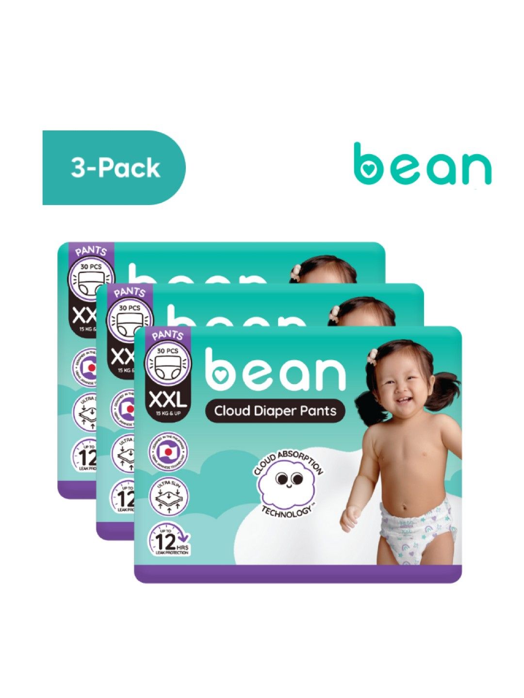 bean [Bundle of 3] Cloud Diapers Pants XXL (30s) - 90 pcs