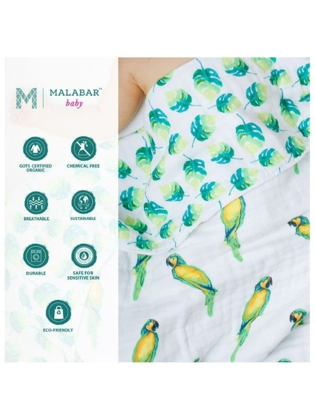 Malabar Baby Organic Muslin Snug Blankets (Reversible) - Parrots / Leaf (No Color- Image 2)