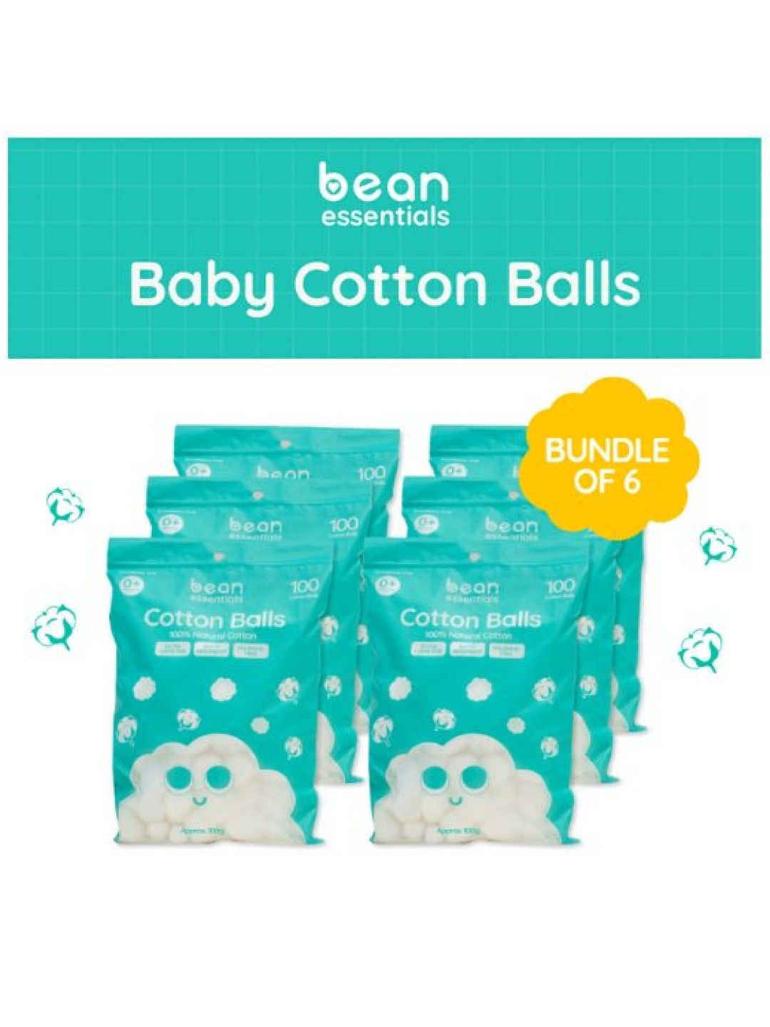 bean essentials [Bundle of 6] Baby Cotton Balls 100g (100s) x 6 (No Color- Image 1)
