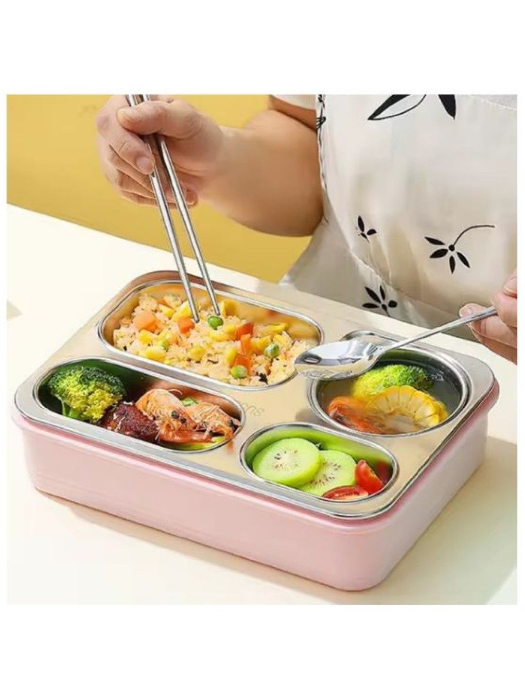 Giggli 4 Compartment Leak & Spill Proof Stainless Steel Bento Box (Pink- Image 4)