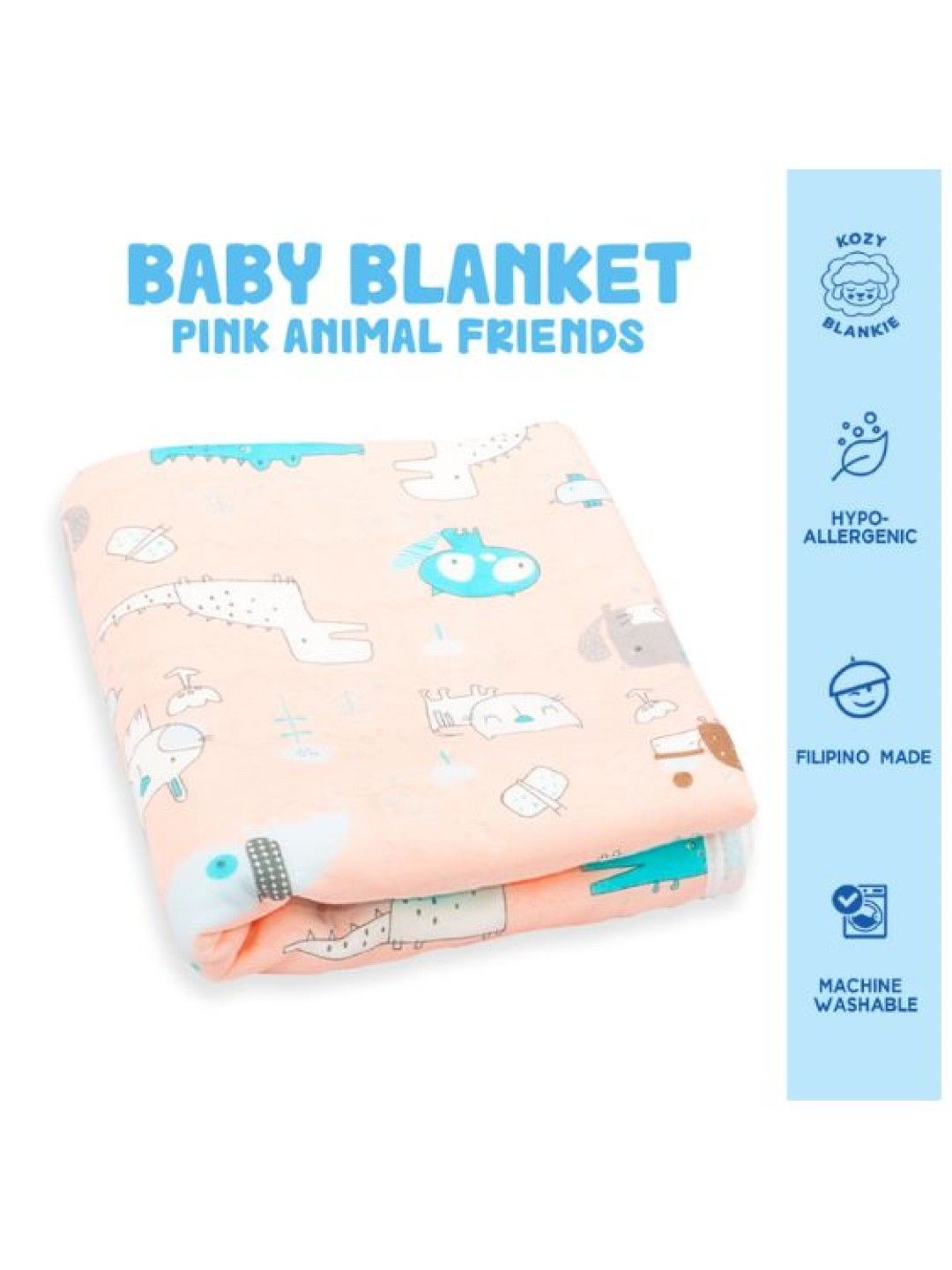 Kozy Blankie Large Reversible Quilt Blanket 100% Cotton - Pink Animal Friends (No Color- Image 2)