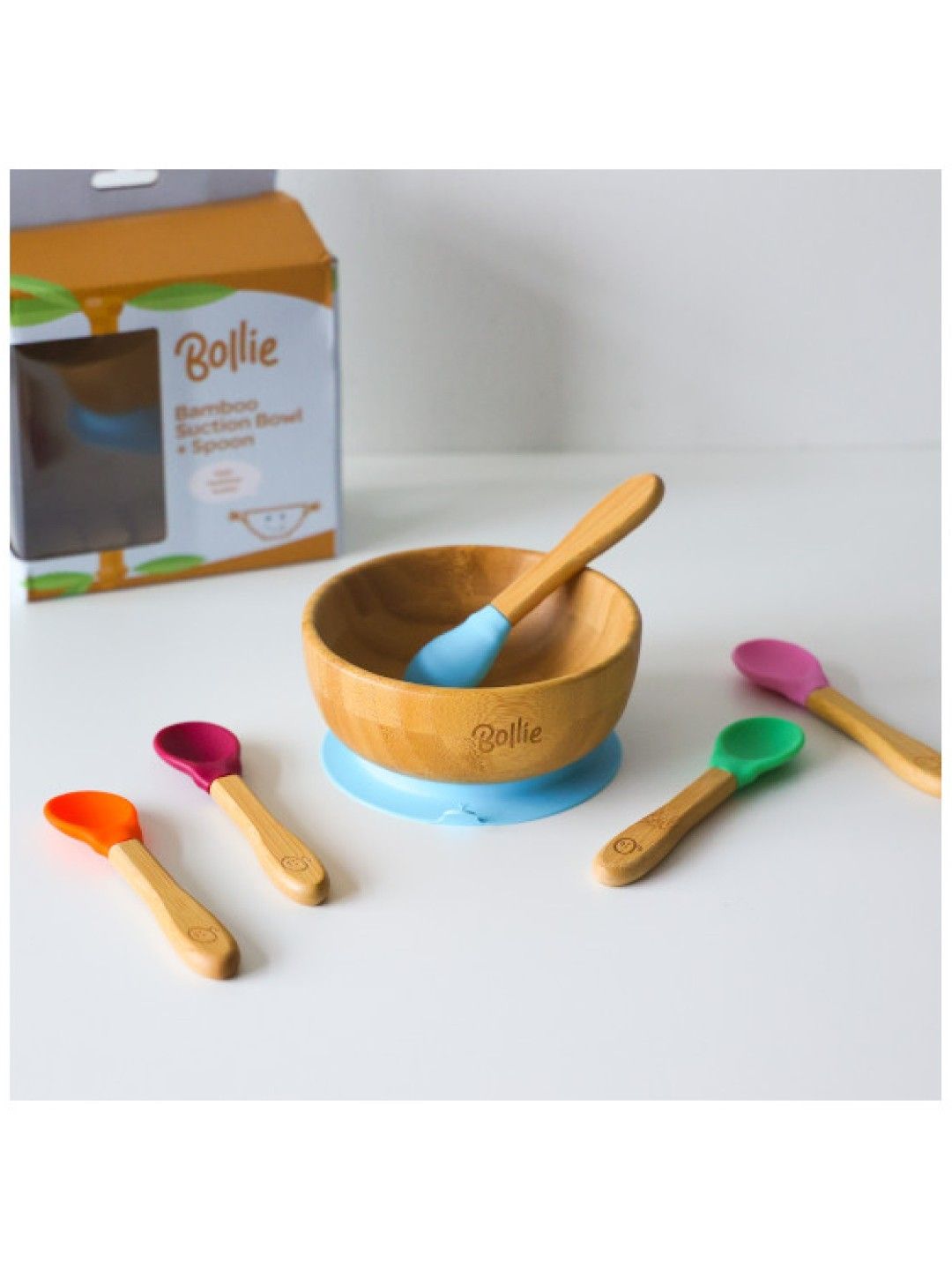 Bollie Baby Premium Bamboo Plain Suction Bowl with Spoon (Blue- Image 3)