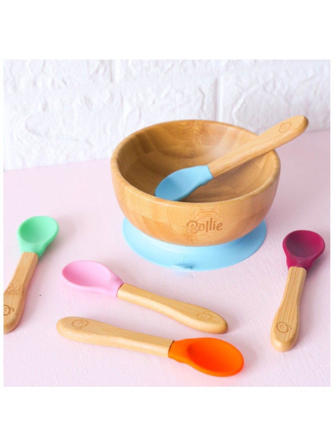 Bollie Baby Premium Bamboo Plain Suction Bowl with Spoon (Blue- Image 4)