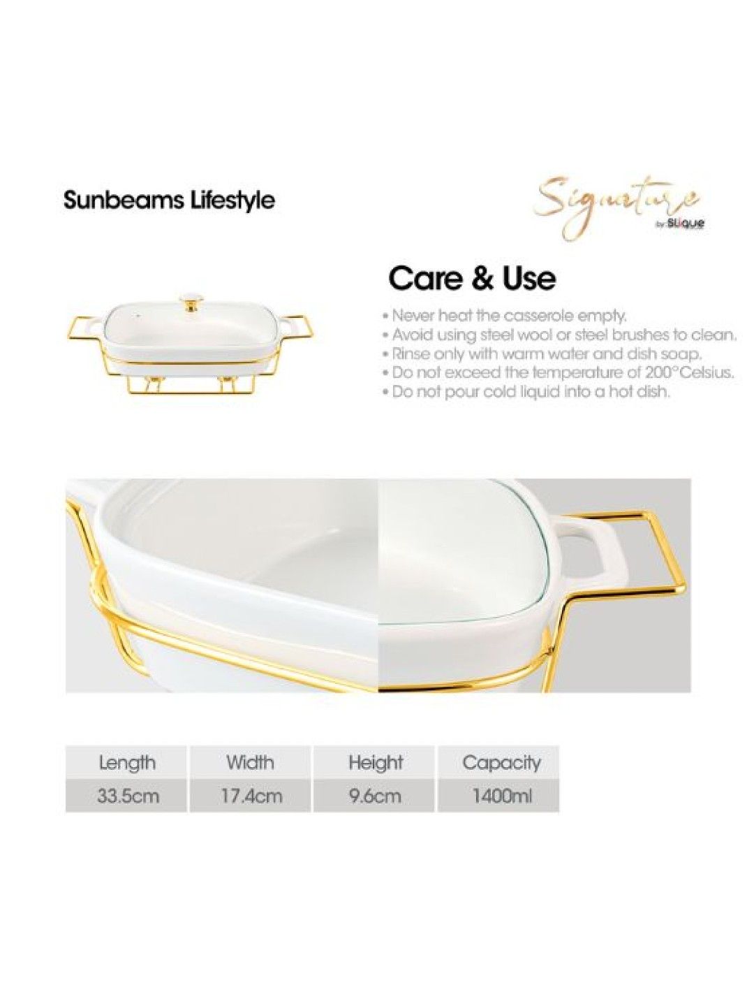 Sunbeams Lifestyle Slique Casserole Serving Dish - Porcelain Collection Gold Stand with 2 Burner (No Color- Image 2)