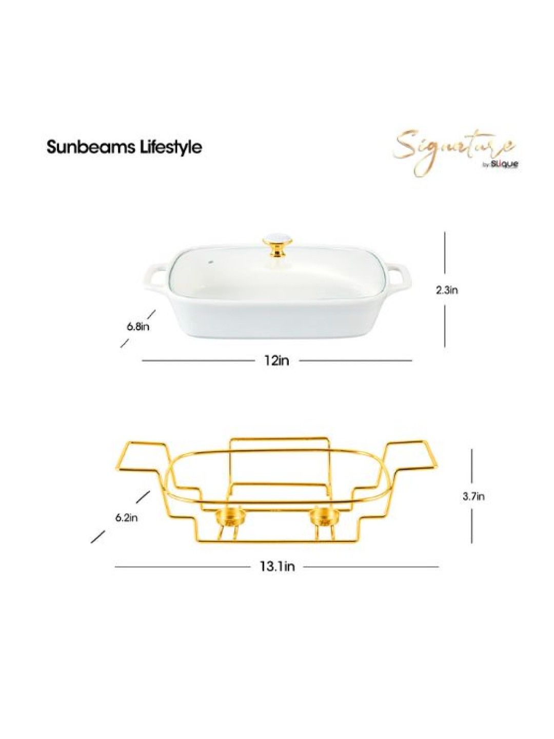 Sunbeams Lifestyle Slique Casserole Serving Dish - Porcelain Collection Gold Stand with 2 Burner (No Color- Image 3)