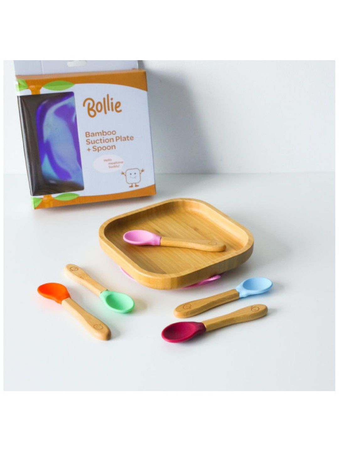 Bollie Baby Premium Bamboo Square Open Suction Plate with Spoon (Blue- Image 3)