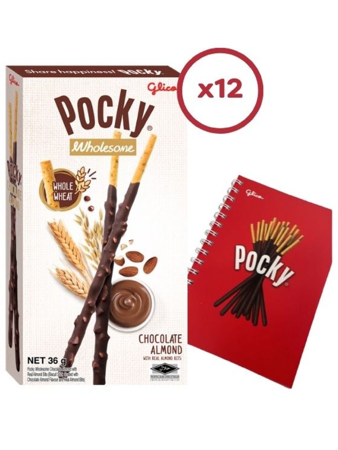 Pocky Wholesome Chocolate Almonds Sticks (Bundle of 12) with FREE Glico Notebook (No Color- Image 1)