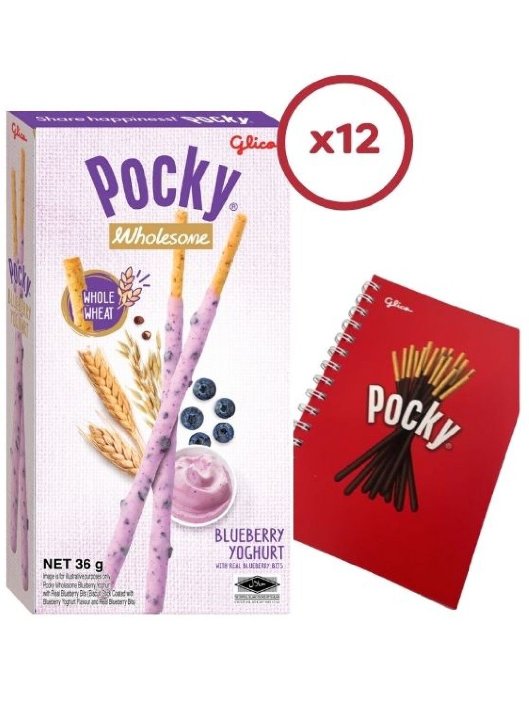 Pocky Wholesome Blueberry Yoghurt Biscuit Sticks (Bundle of 12) w/ FREE Glico Notebook (No Color- Image 1)
