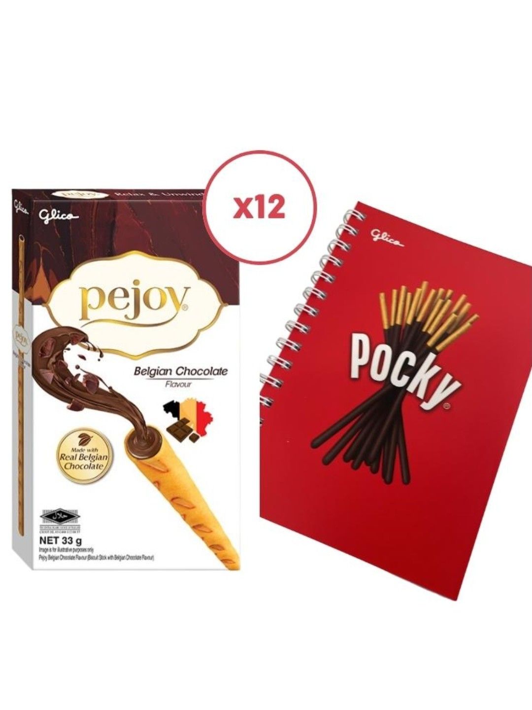 Pejoy Belgian Chocolate Flavour Biscuit Sticks (Bundle of 12) with FREE Glico Notebook