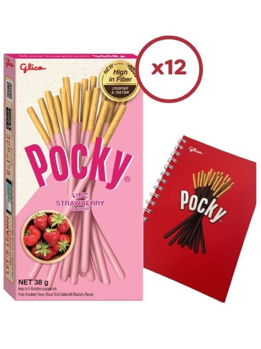 Pocky Strawberry Biscuit Sticks (Bundle of 12) with FREE Glico Notebook (No Color- Image 1)