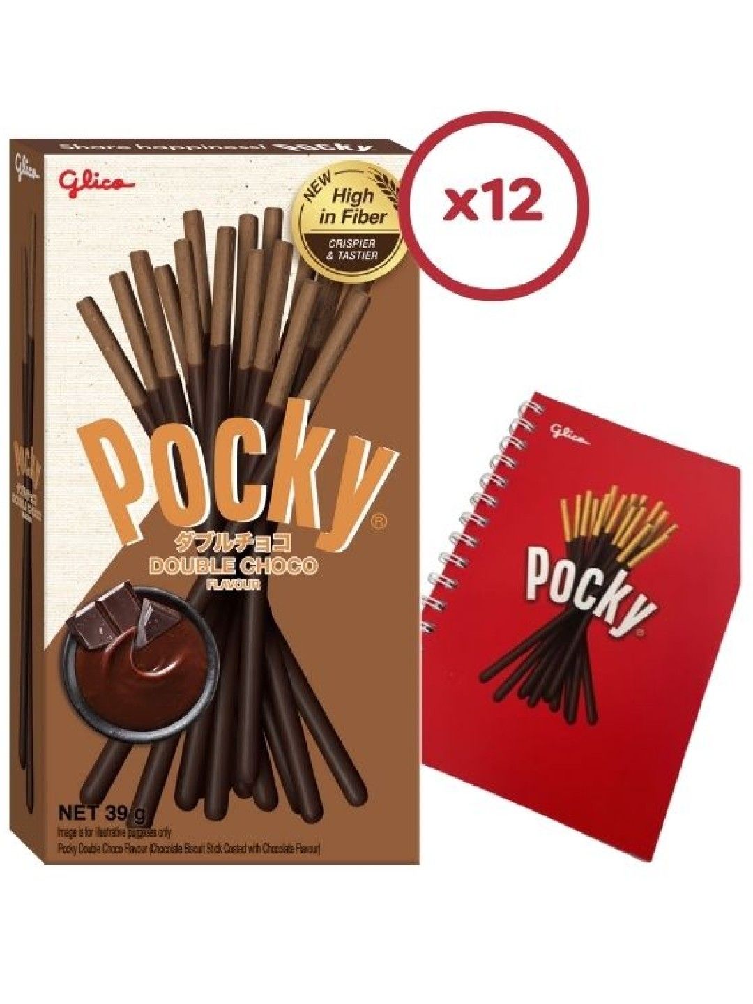Pocky Double Choco Biscuit Sticks (Bundle of 12) with FREE Glico Notebook (No Color- Image 1)