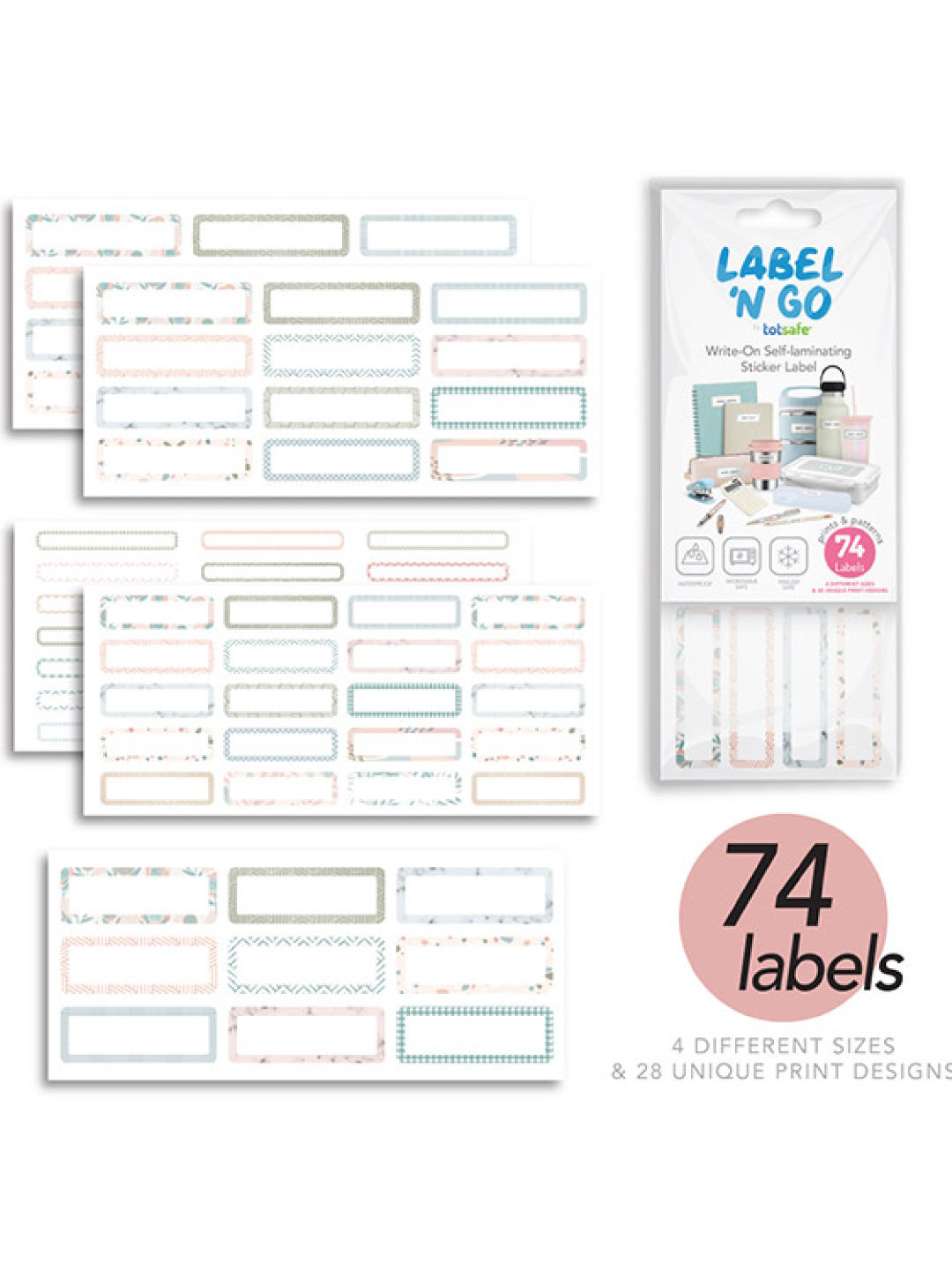 Totsafe Label N Go Write-On Self-Laminating Stickers (Prints/Patterns) - Bundle of 74s