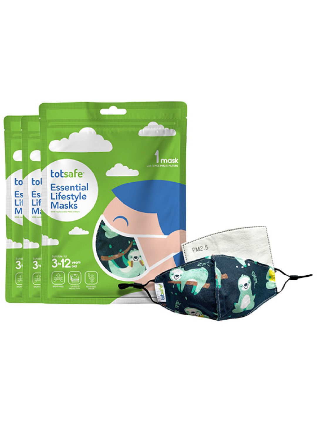 Totsafe Essential Lifestyle Mask - Sloth Set - Bundle with 3 Filters (No Color- Image 1)