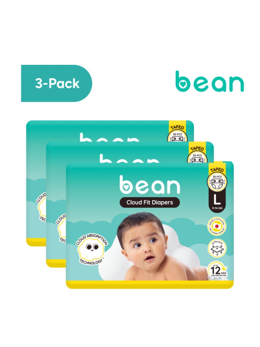 bean [Bundle of 3] Cloud Fit Diapers Large (30s) - 90 pcs