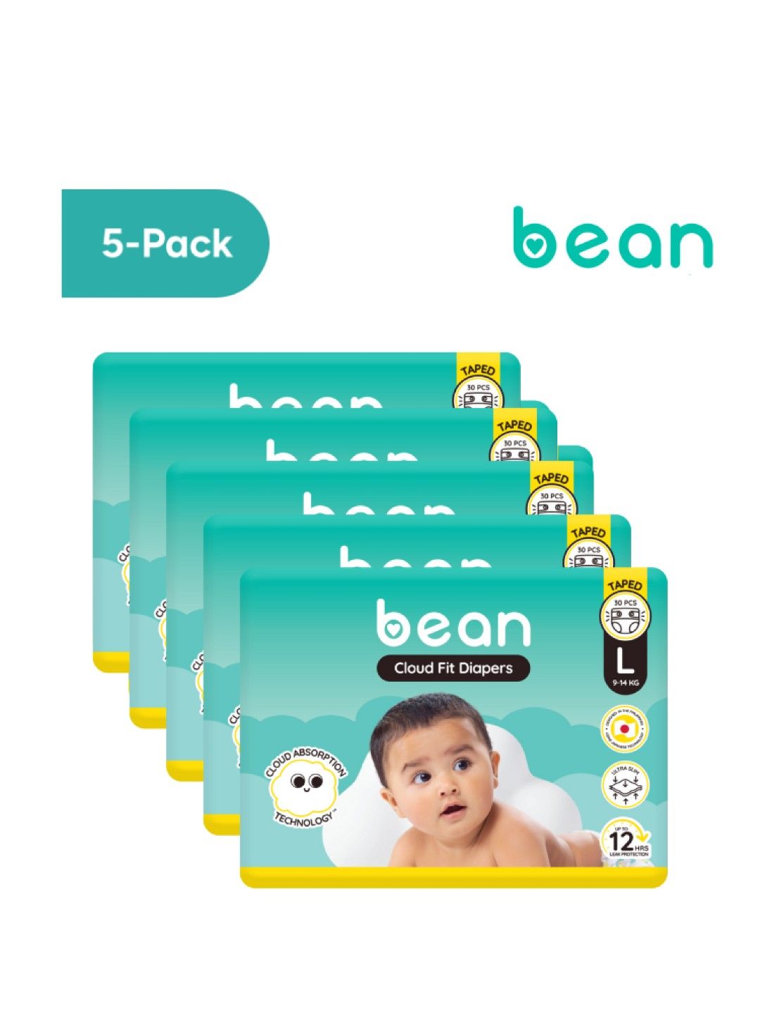 bean [Bundle of 5] Cloud Fit Diapers Large (30s) - 150 pcs (No Color- Image 1)