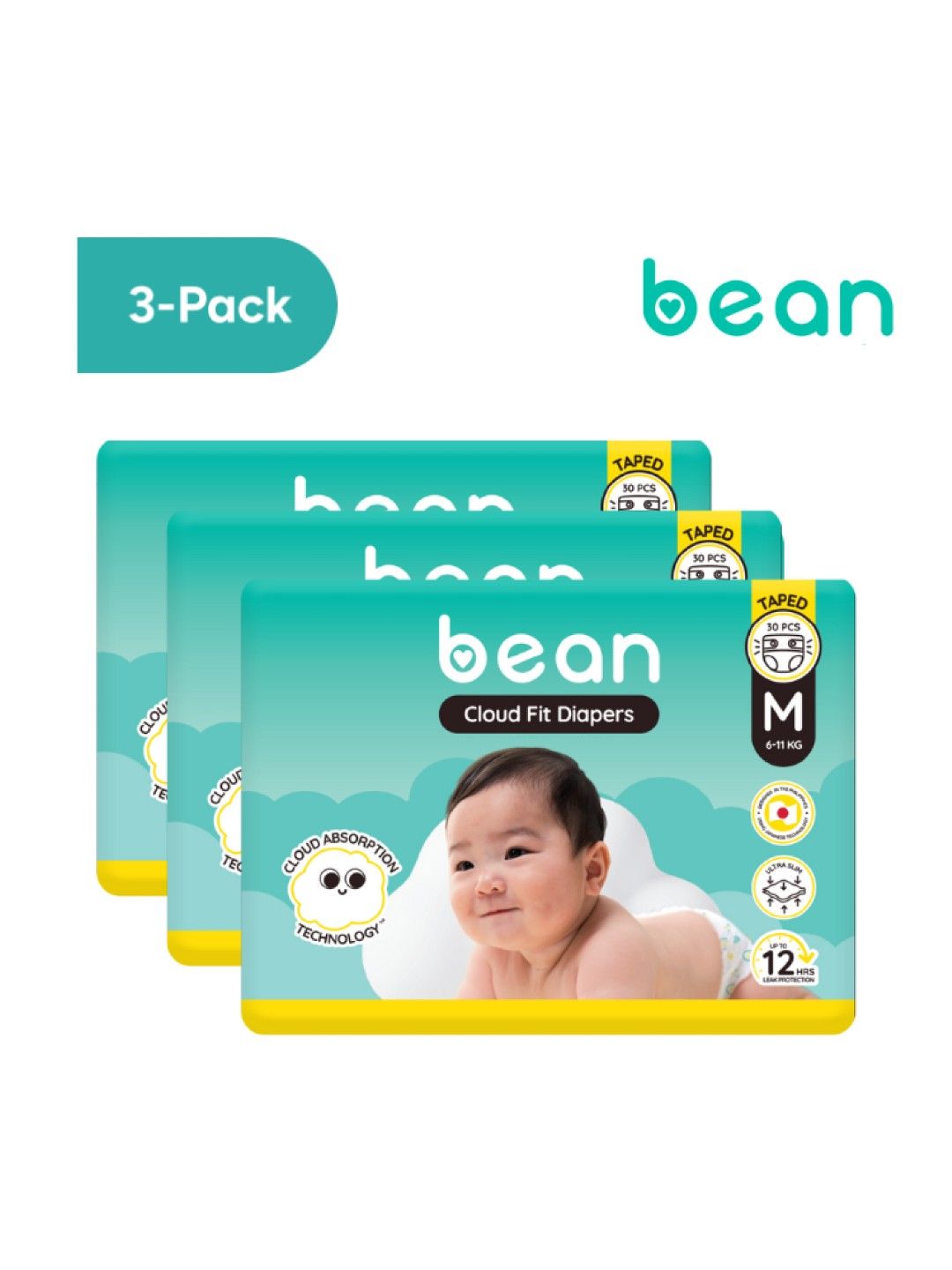 bean [Bundle of 3] Cloud Fit Diapers Medium (30s) - 90 pcs