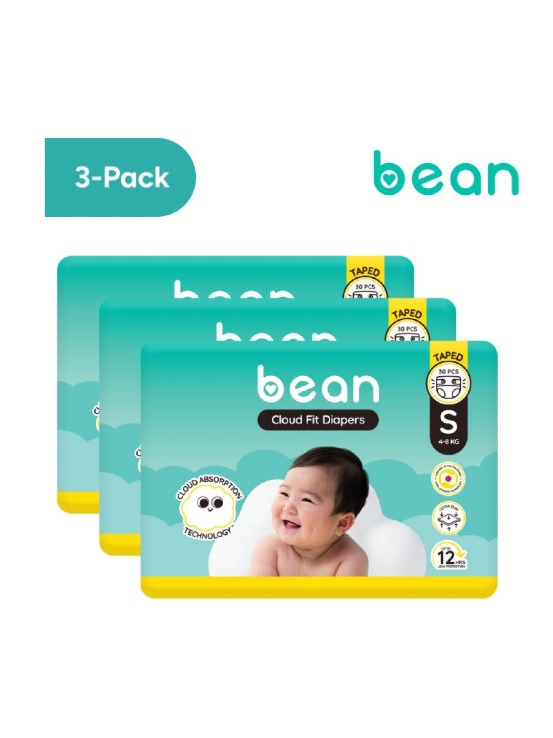 bean [Bundle of 3] Cloud Fit Diapers Small (30s) - 90 pcs