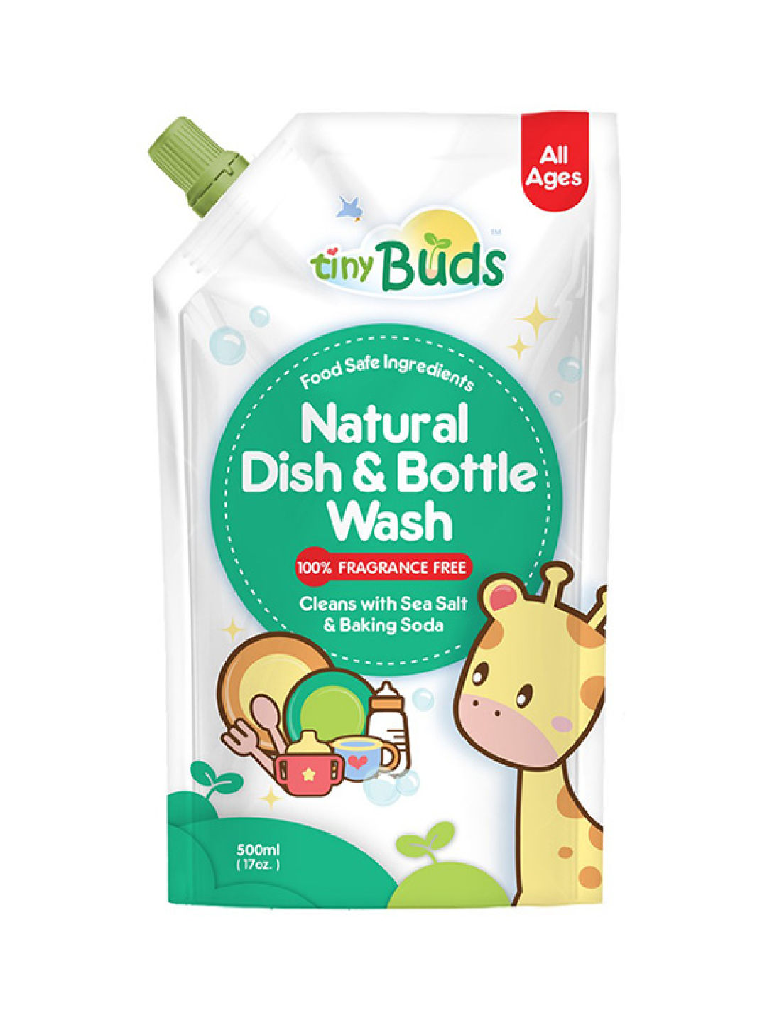 Tiny Buds Natural Dish & Bottle Wash Fragrance-Free Pouch (500ml)