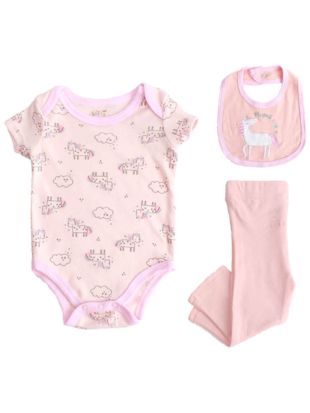 Little Steps Unicorn 3-Piece Bodysuit, Pants and Bib (Pink- Image 1)