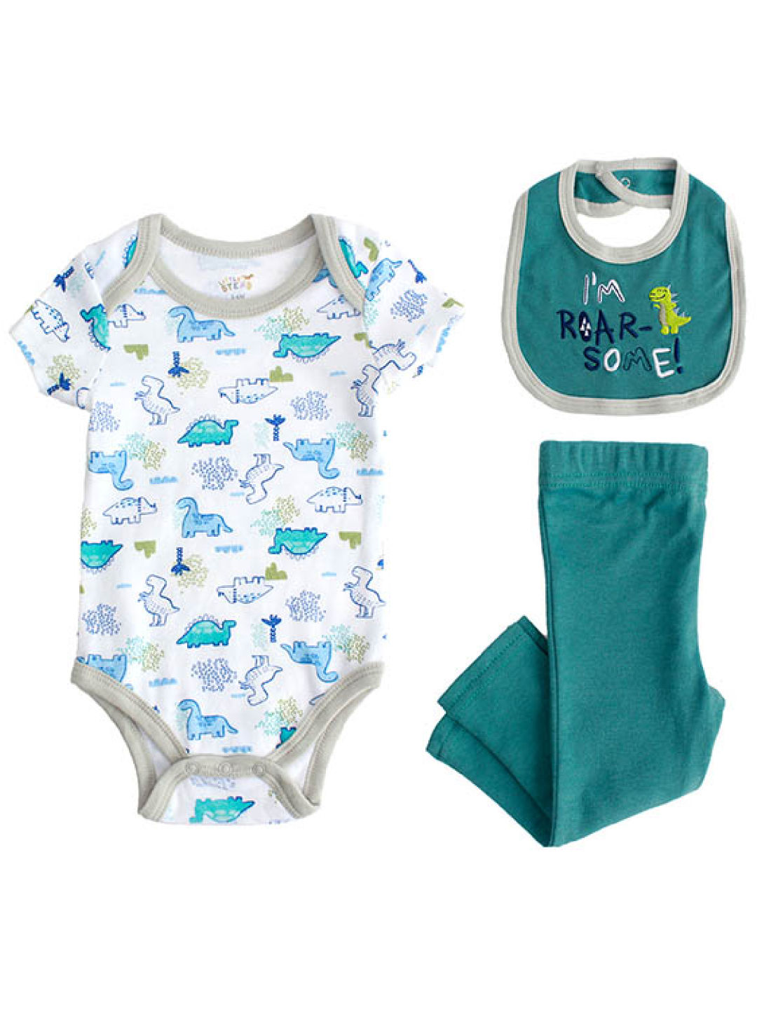 Little Steps Dinosaur 3-Piece Bodysuit, Pants and Bib (Teal- Image 1)