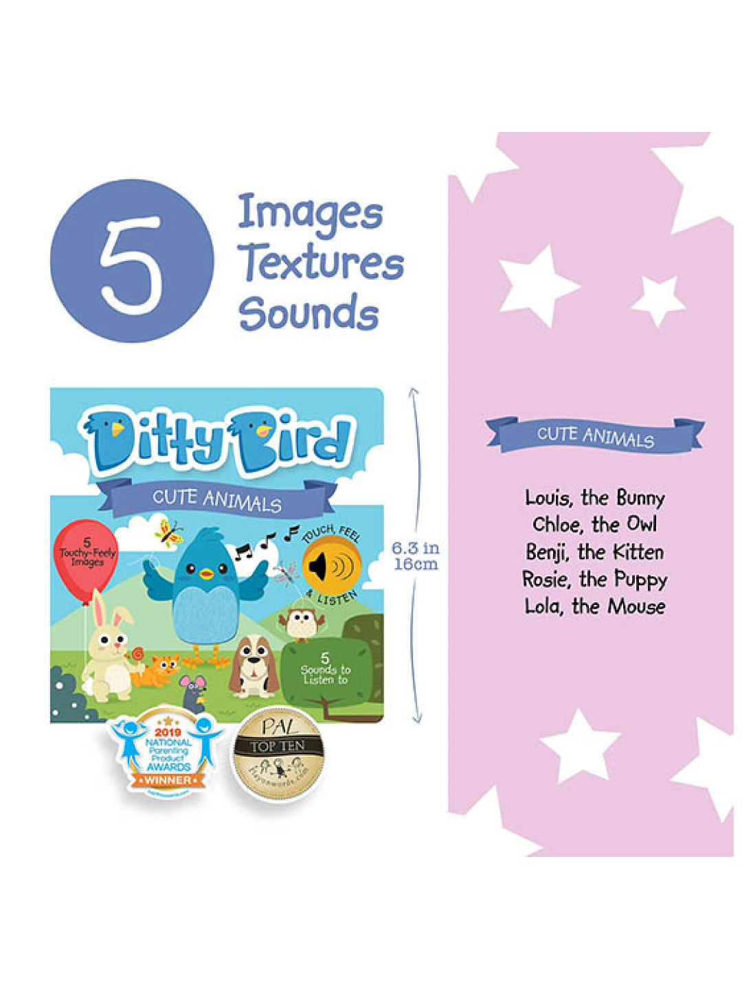Ditty Bird Musical Book - Cute Animals Touch, Feel & Listen (No Color- Image 2)