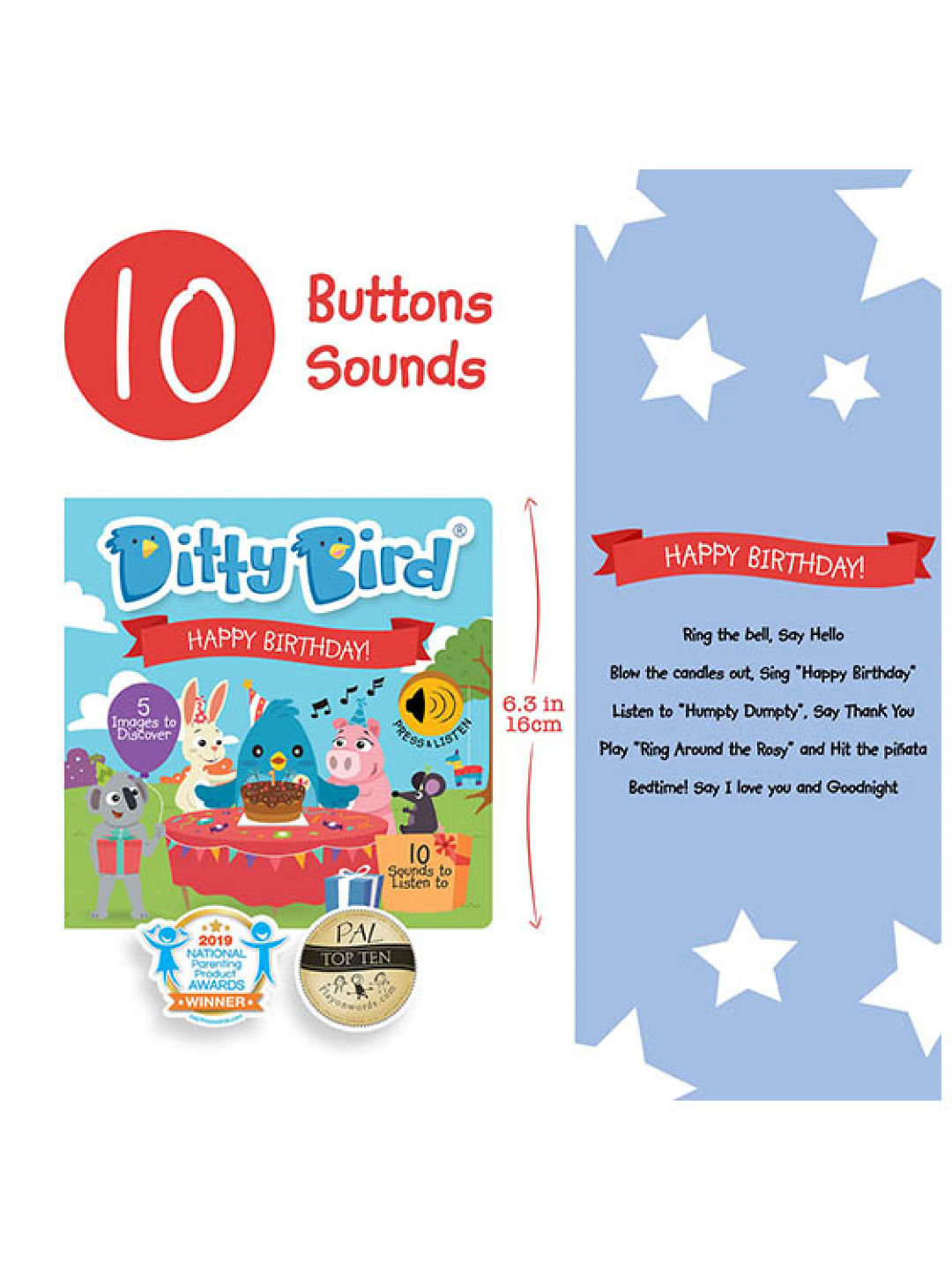 Ditty Bird Musical Book - Happy Birthday (No Color- Image 2)