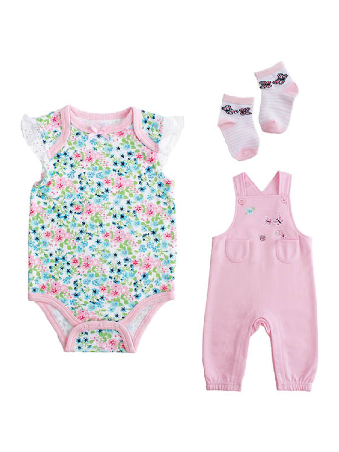 Little Steps 3-Piece Bodysuit, Overall, And Socks Floral (Pink/Bluegreen- Image 1)