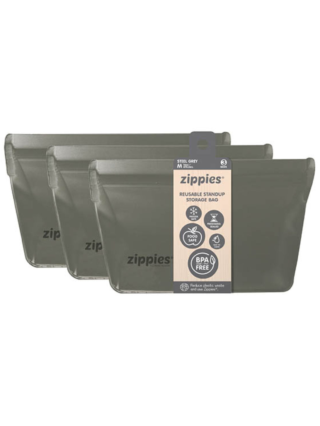 Zippies Reusable Standup Storage Bags Medium (Bundle of 3)- Steel Grey series