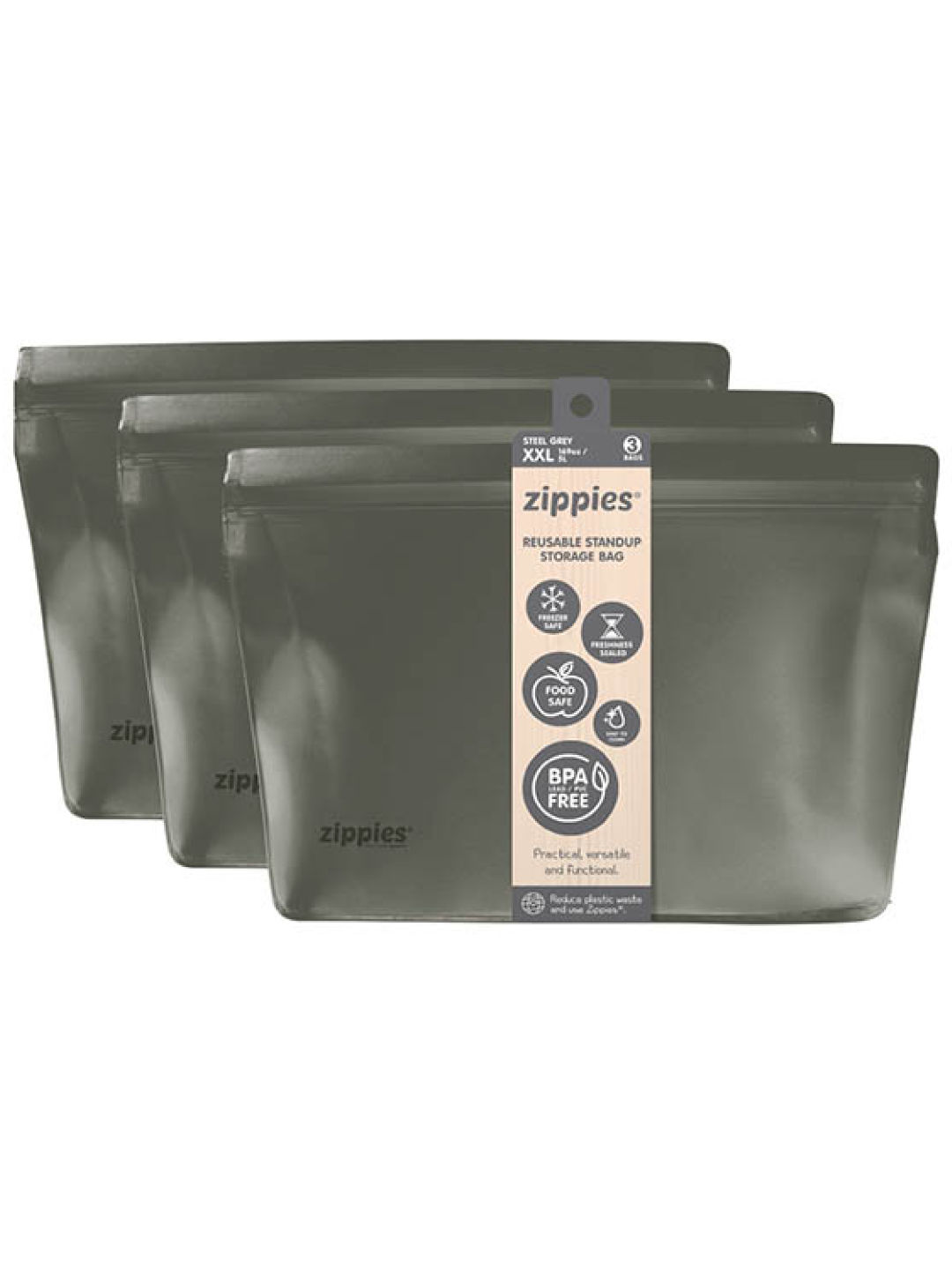 Zippies Reusable Standup Storage Bags XXL (Bundle of 3)- Steel Grey series (Steel Grey- Image 1)