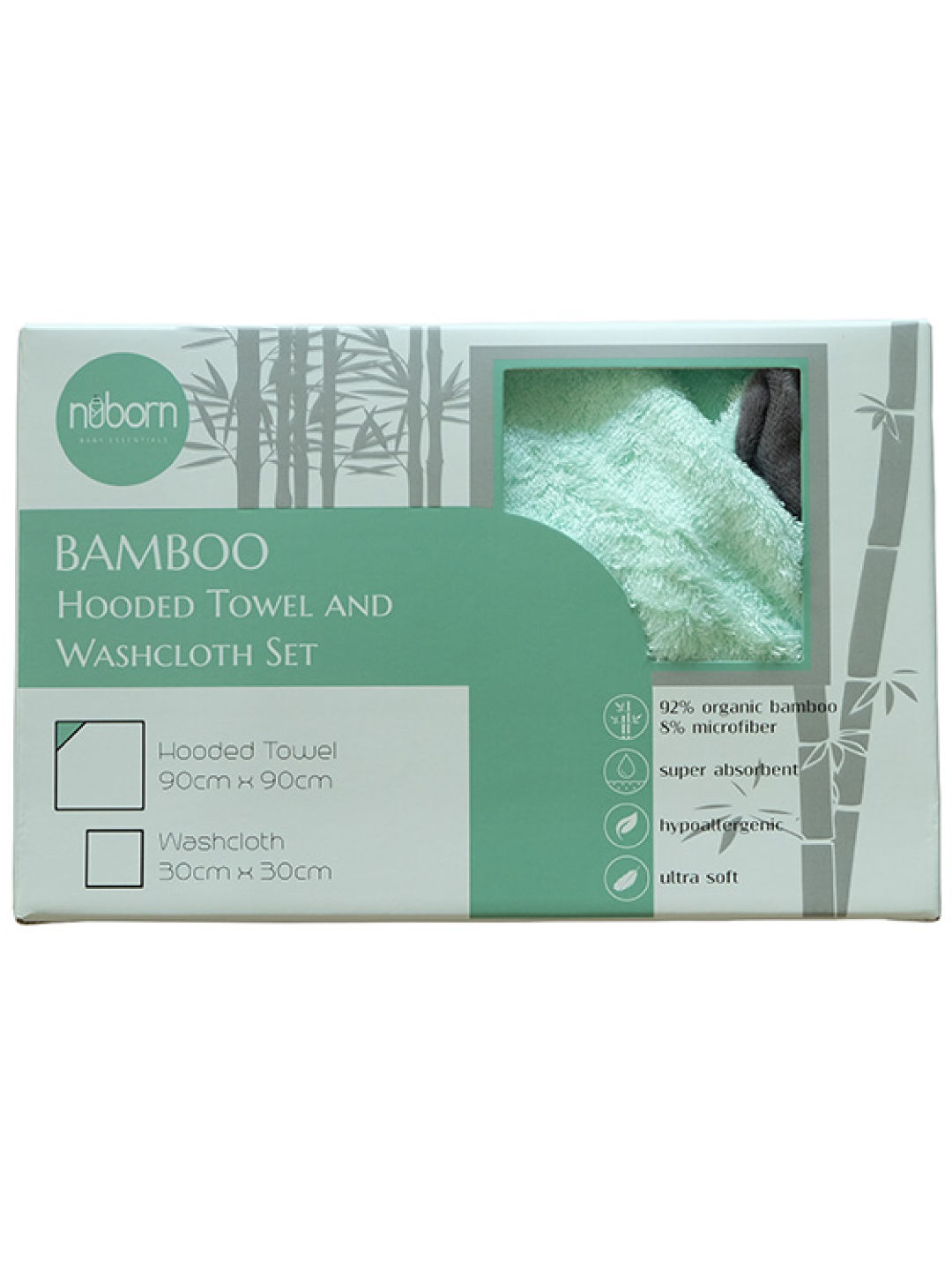 Nuborn Baby Essentials Bamboo Hooded Towel with Washcloth Set Elephant (Green- Image 2)