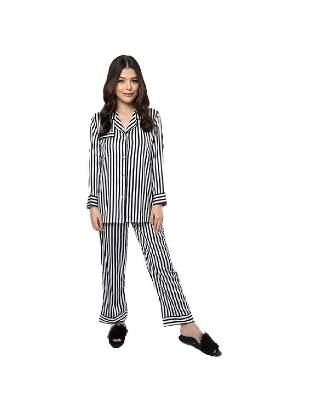 Amelia Sleepwear Alexa Silk Pants Sleepwear Set (Black, White- Image 2)