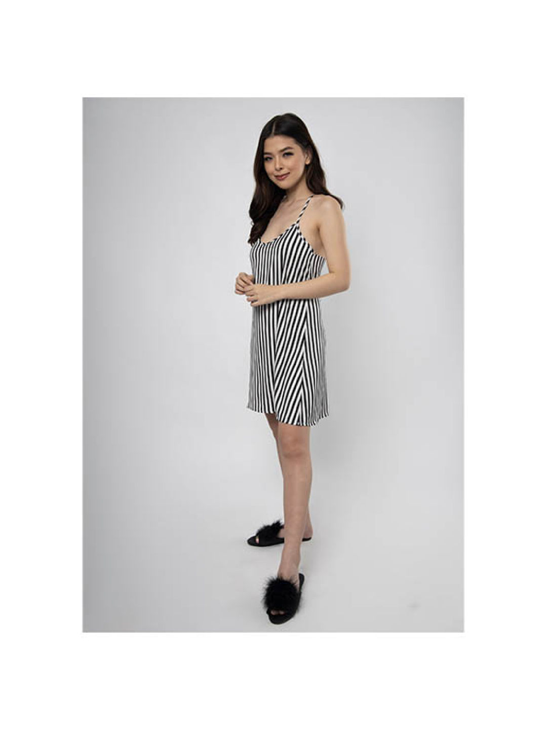 Amelia Sleepwear Willow Silk Slip Sleeepwear Dress (Black, White- Image 2)
