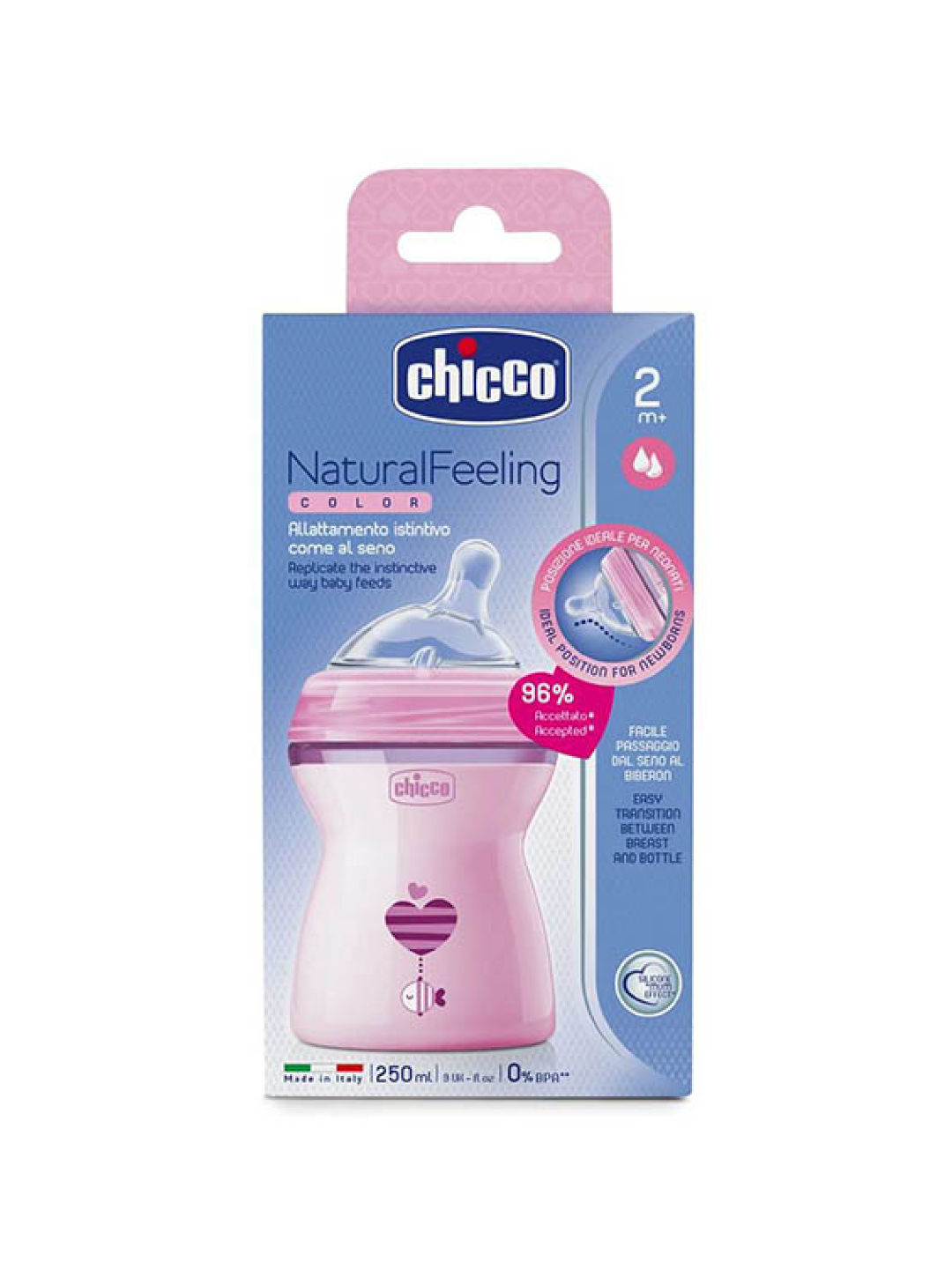 Chicco NF Feeding Bottle 2m+ (250ml) (Pink- Image 1)