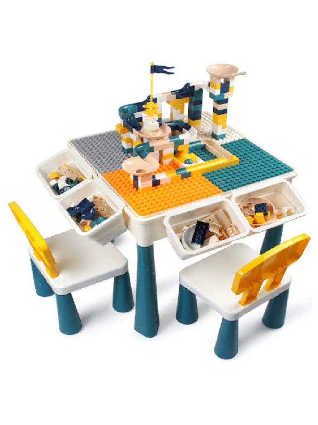 The Happy Fox 4 in 1 Play & Build Table and 2 Chairs Set (Yellow Green- Image 1)