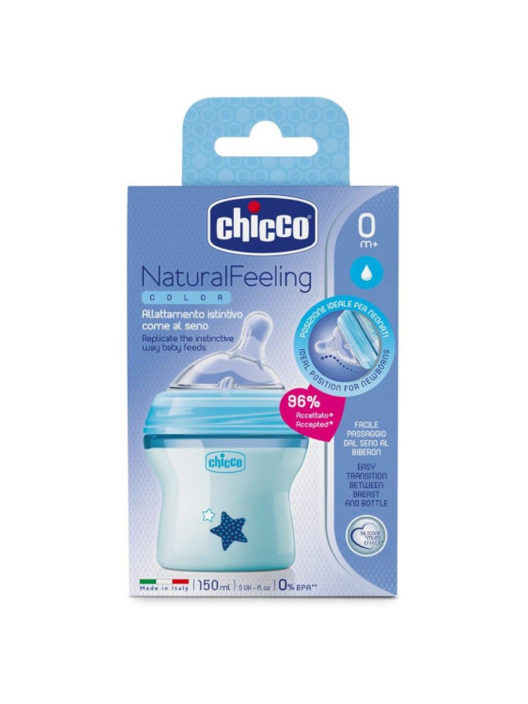 Chicco Natural Feeling Feeding Bottle for 0M+ (150ML) (Blue- Image 2)