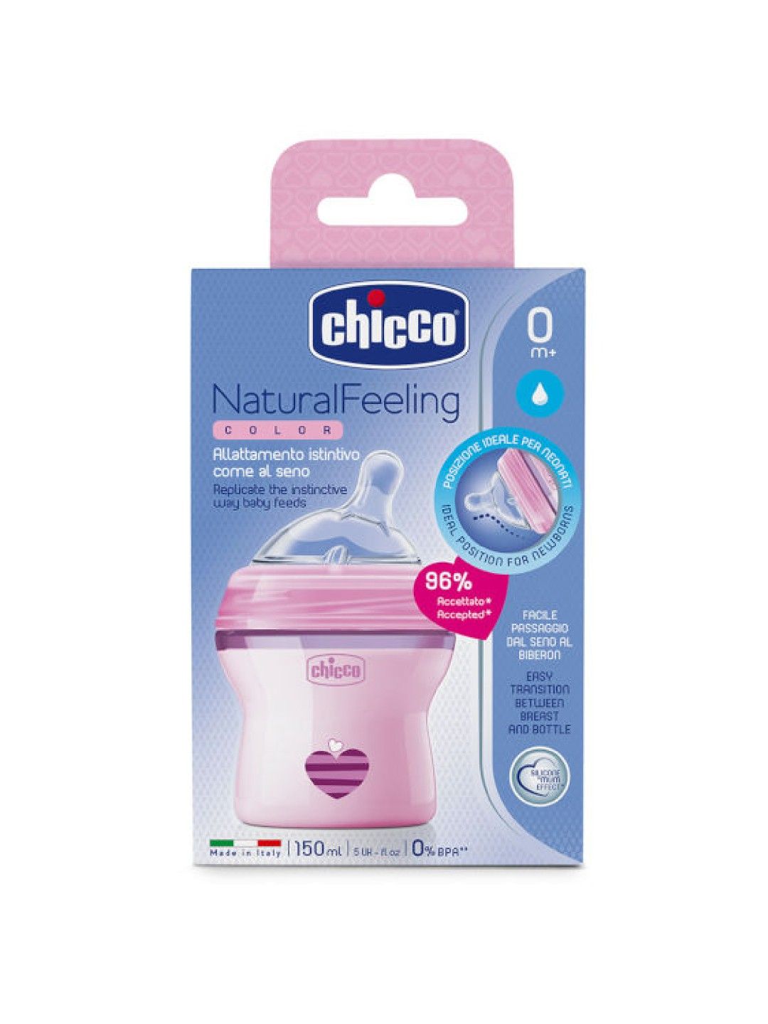 Chicco Natural Feeling Feeding Bottle for 0M+ (150ML) (Pink- Image 2)
