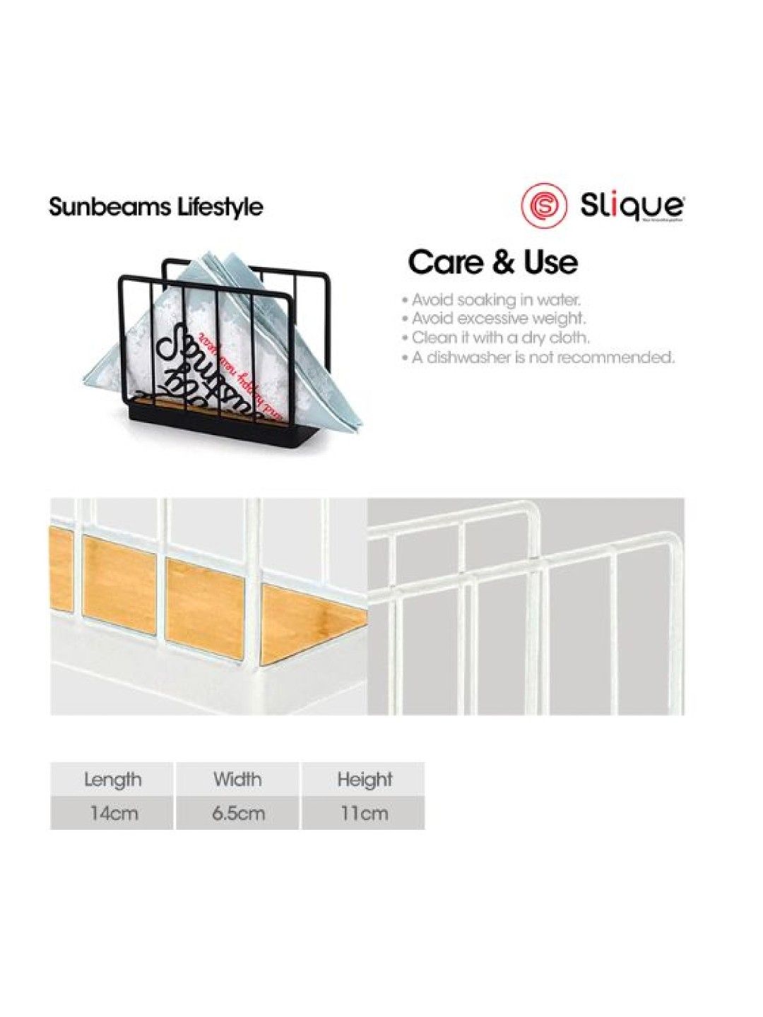 Sunbeams Lifestyle SLIQUE Premium Napkin Holder 14x6.5x11cm Bamboo Metal Wire Organizer (White- Image 2)