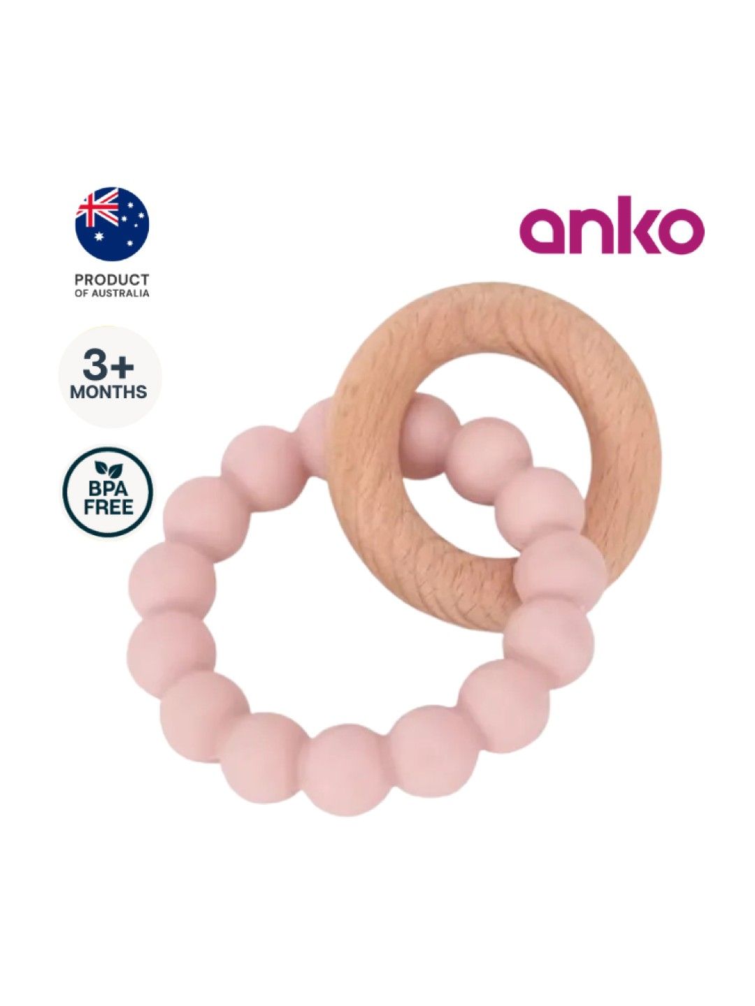 Anko Wooden & Silicone Teether (Pink- Image 1)