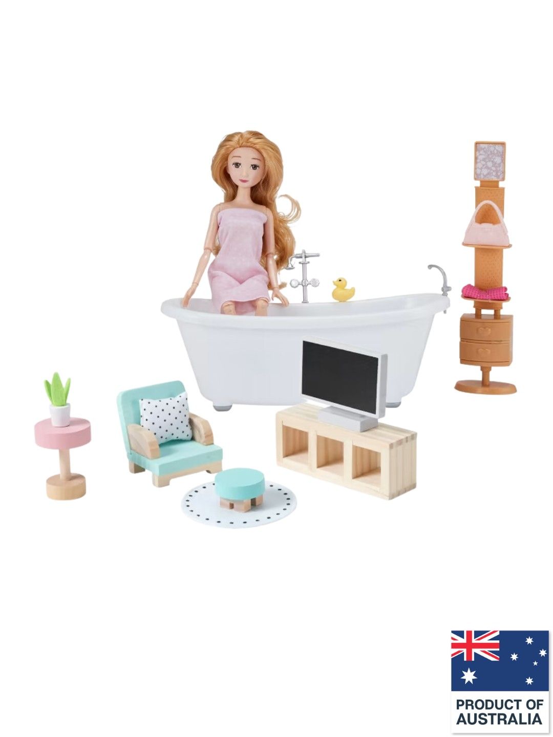 Anko [Bundle of 2] Wooden Doll House Furniture Set + Spa Fashion Doll Playset (18pcs)