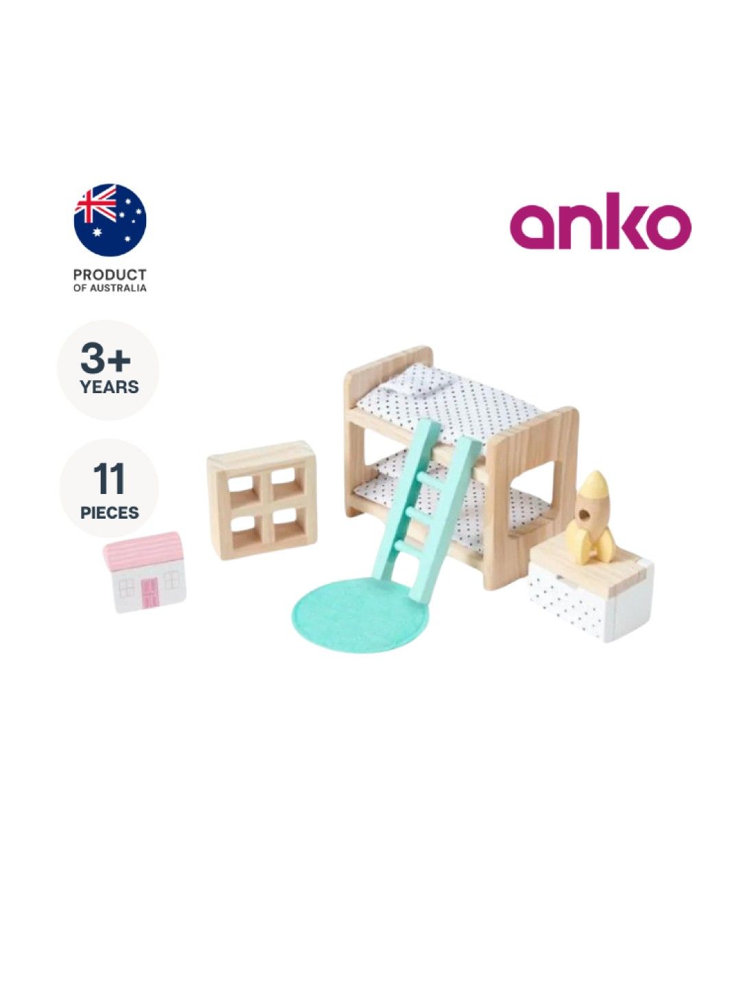 Anko Wooden Dollhouse Kids Bedroom Furniture Set