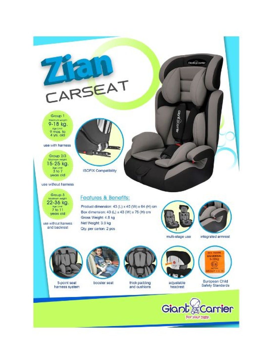 Giant Carrier Zian Car Seat Isofix (Gray- Image 2)