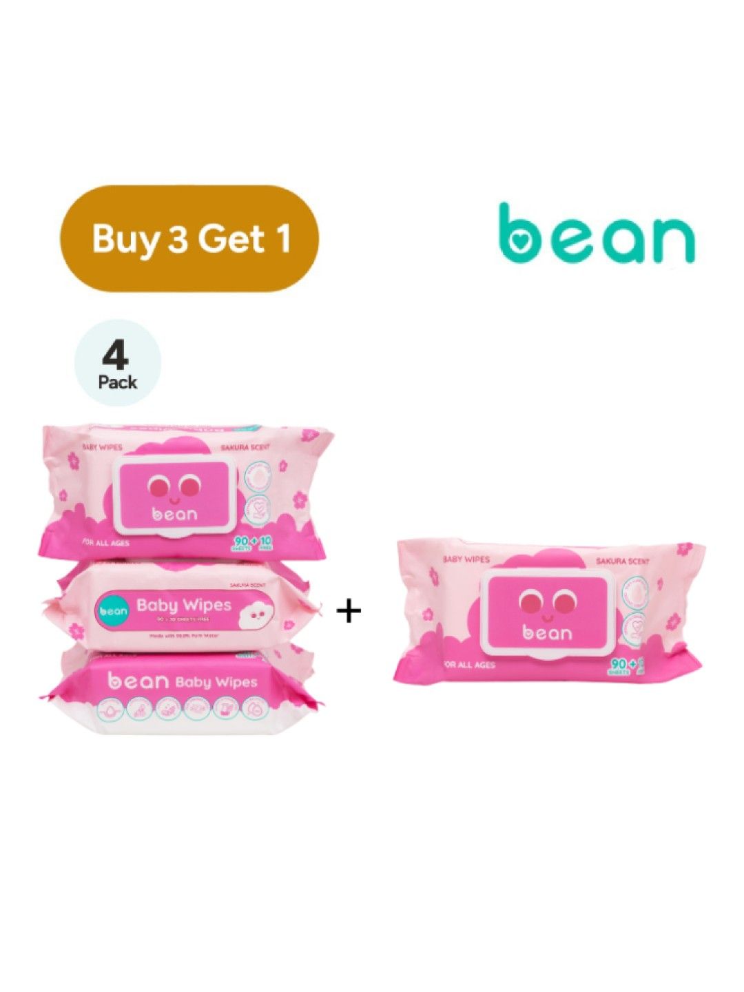bean [BUY 3, GET 1] Baby Wipes Sakura Scent 4 x 100 sheets (No Color- Image 1)