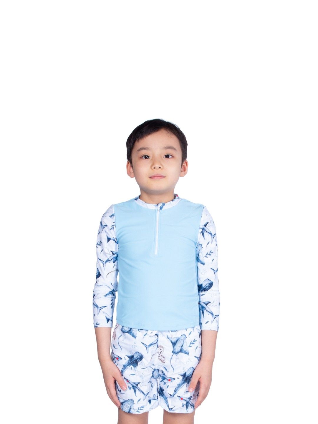Little Paddler Swimsuit for Kids Little Dylan Long Sleeves Rash Guard Swimwear (Blue Shark Print- Image 4)