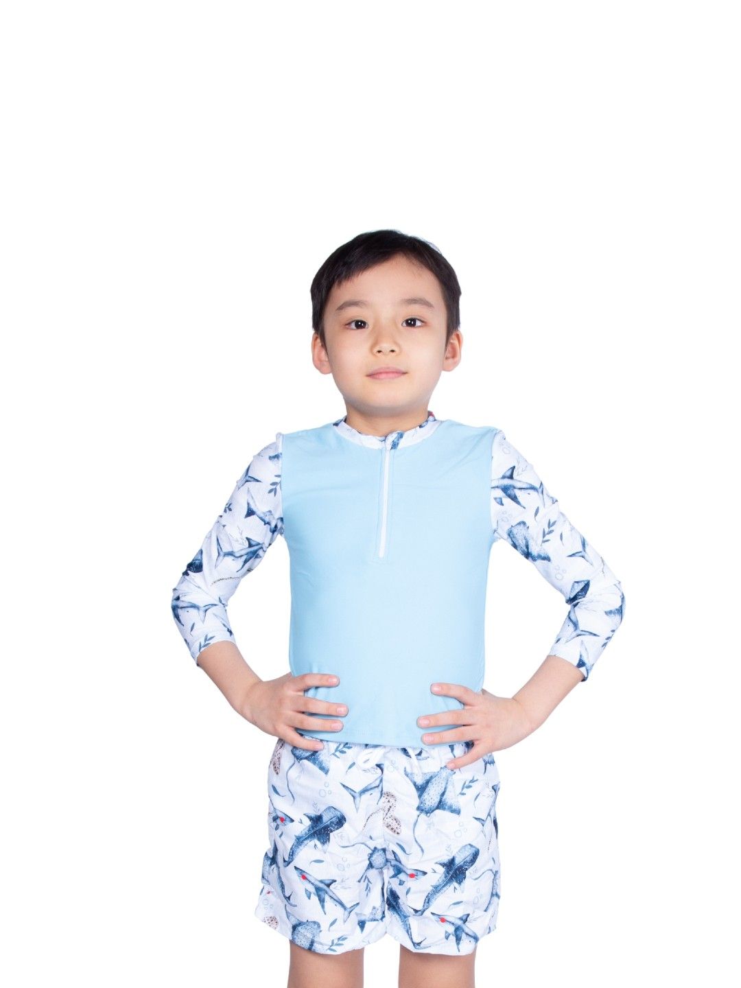 Little Paddler Swimsuit for Kids Little Dylan Long Sleeves Rash Guard Swimwear (Blue Shark Print- Image 2)