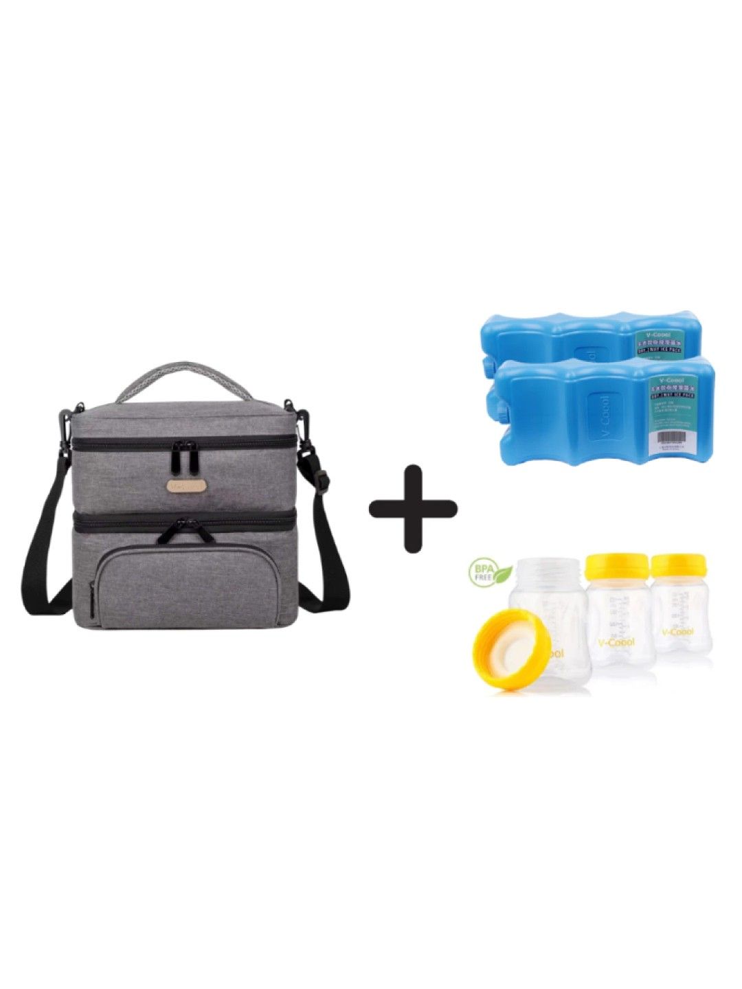 V-coool Hands-Free Breast Pump Organizer Thermal Cooler Bag with Bricks and Bottle (Gray- Image 1)