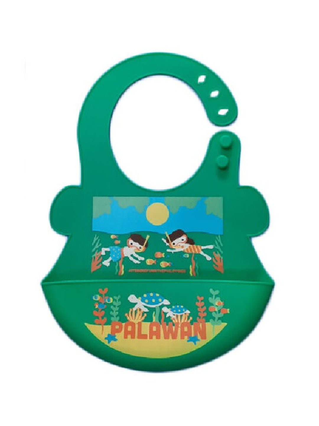 Orange & Peach Palawan Travel Series Silicone Food Bib (Green- Image 1)